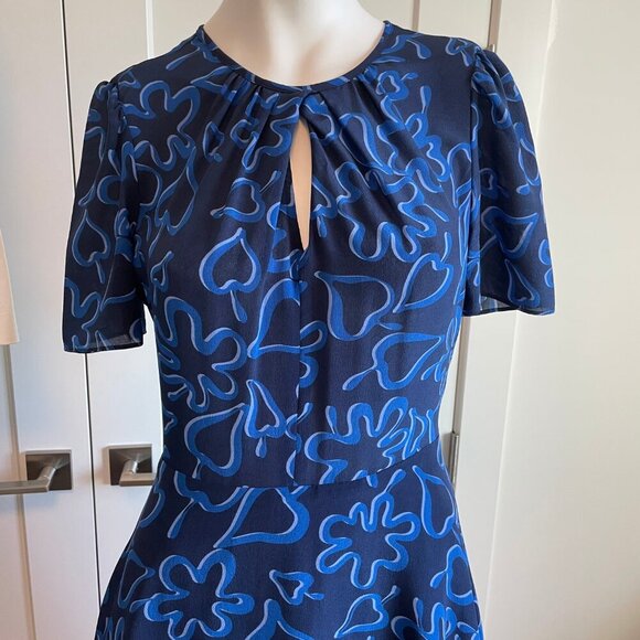 Tara Jarmon Paris SS Fit & Flare Print Partial Lined 100% Silk Dress Blue Sz 36 - Picture 4 of 14